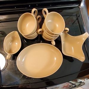 Vintage Melmac cups, creamer and dressing bowl